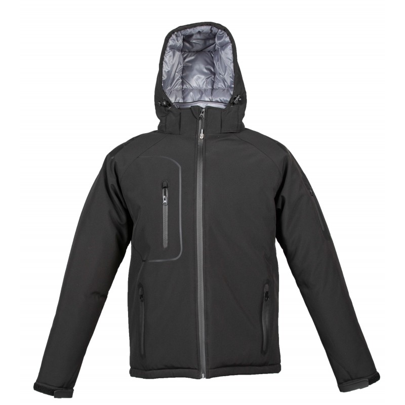 GIUBBOTTO SOFTSHELL, UOMO, CON CAPPUCCIO, ELASTICIZZATO, CON CERNIERA E  TASCHE LATERALI, 310 GR/M2, 3 STRATI, SOTTOZERO